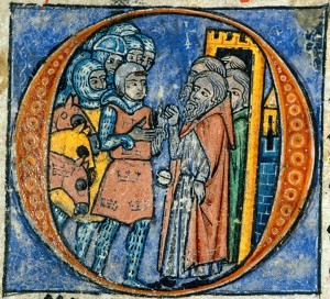 Merlin dictating his prophecies to his scribe, Blaise; French 13th century minature from Robert de Boron's Merlin en prose (written ca 1200). French 13th century minature